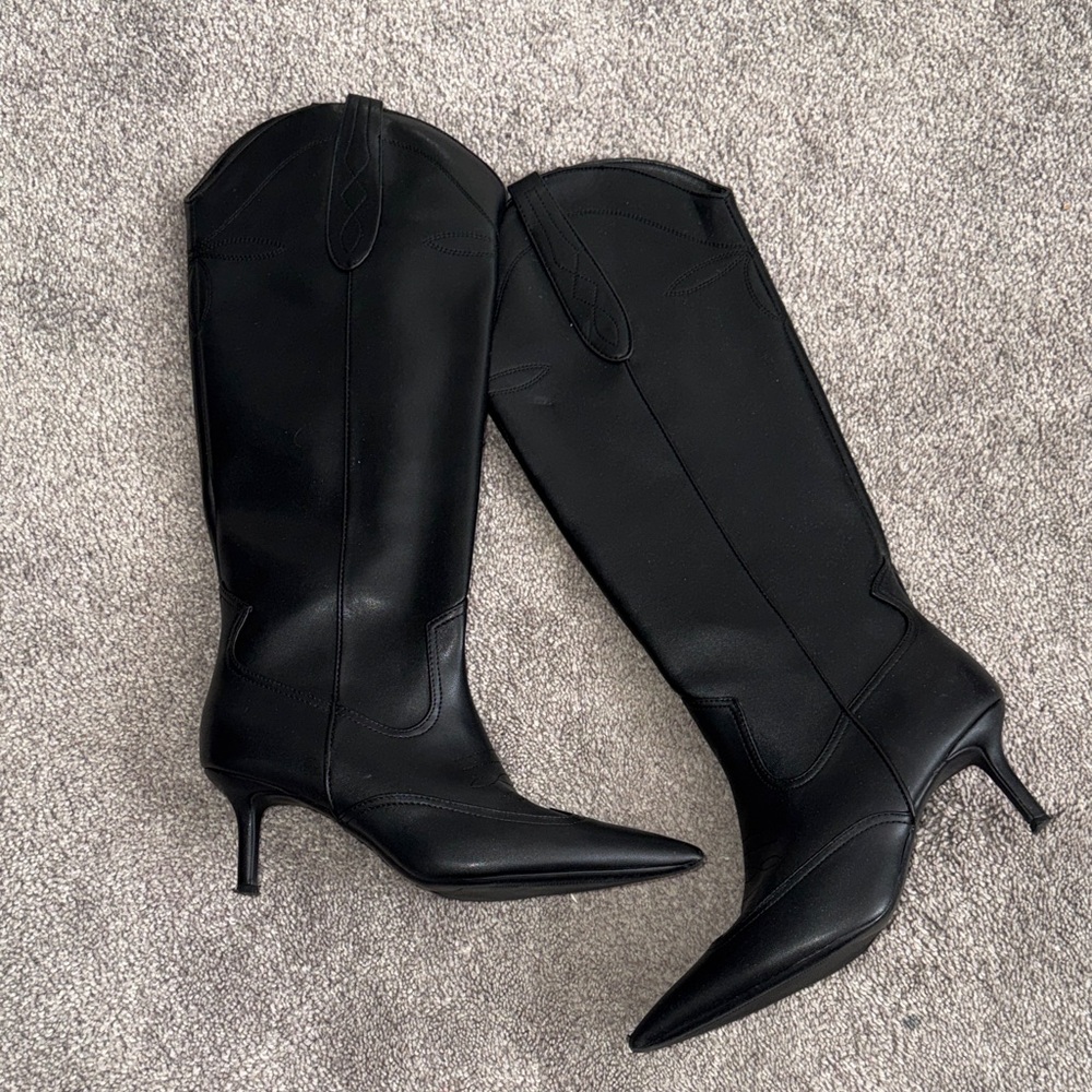 INC International Concepts Black Pointed-Toe Knee Boots with Kitten Heel